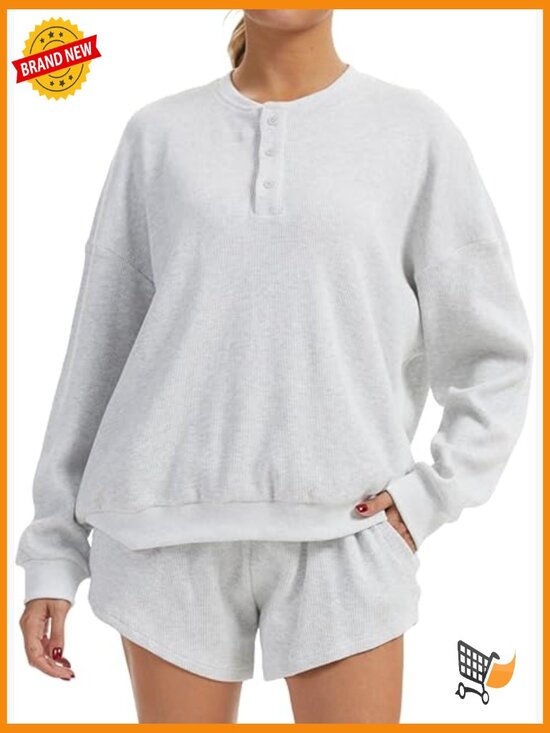 Other - Oversized Waffle Knit Lounge Set - Long Sleeve Henley Sweatshirt & High Waisted